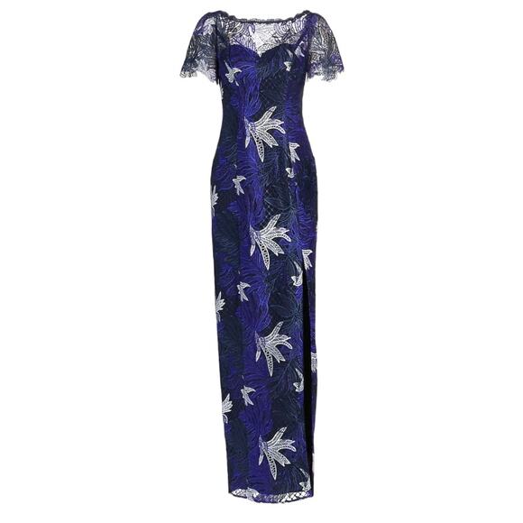 Marchesa Notte Blue Black White Lace Maxi Sheath Dress Gown - Picture 1 of 13